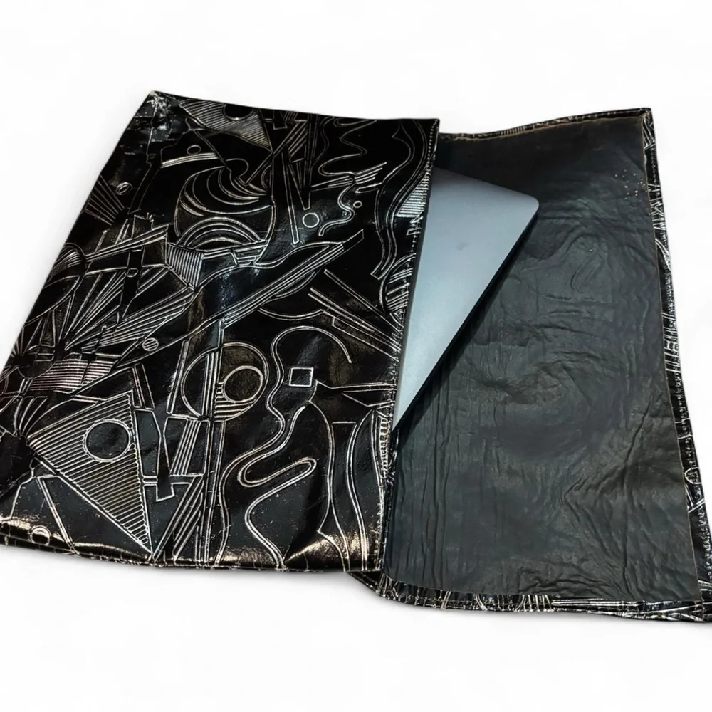 Geometric Faux Leather Laptop Sleeve Black Abstract Art Portfolio Clutch Case